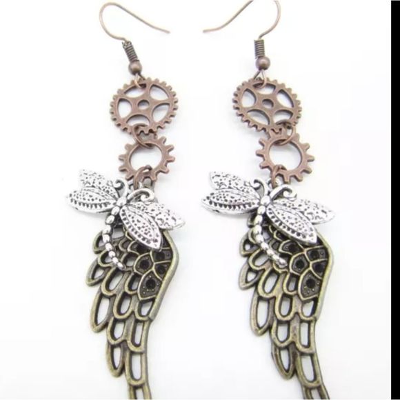 Silver gold and copper wing dragonfly steampunk gears boho earrings new - Picture 3 of 4